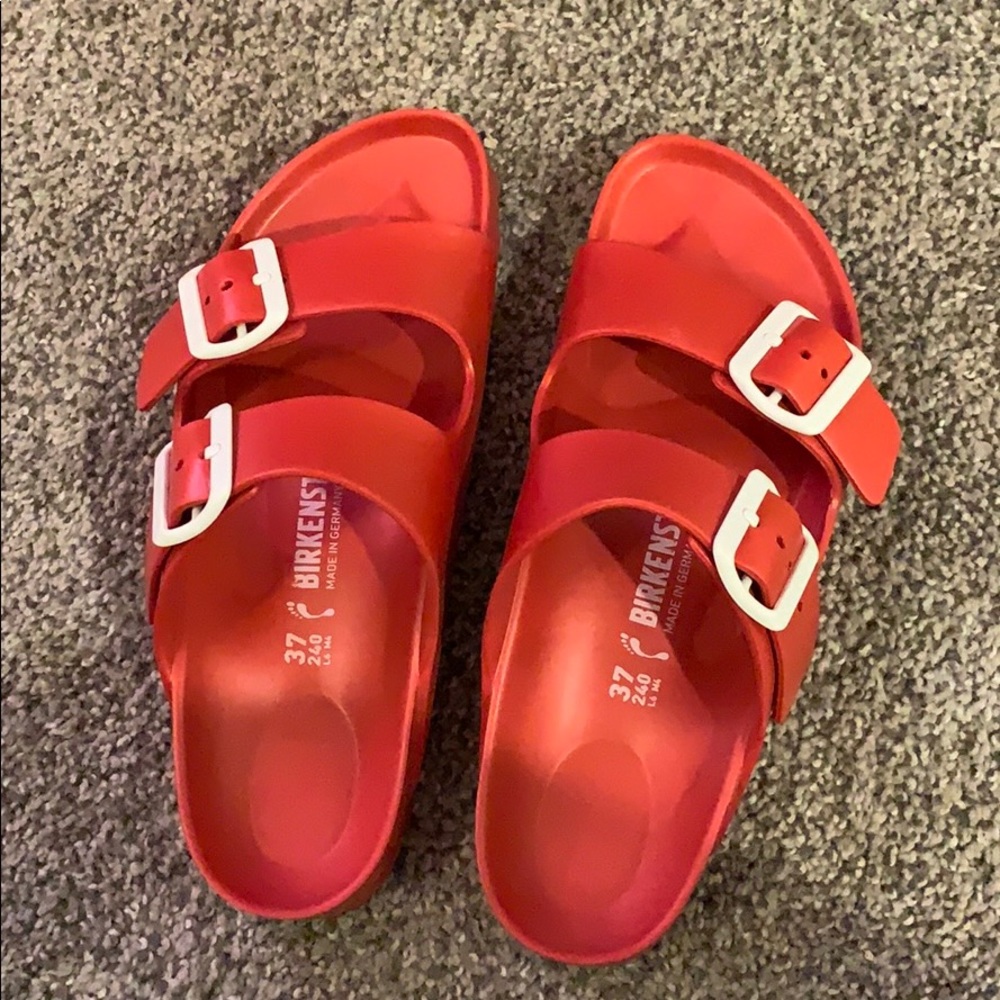 RED BIRKENSTOCK SLIDES